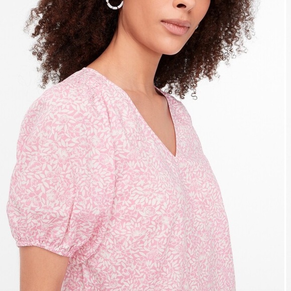 J. Crew | Cotton V-Neck Puff-Sleeve Floral Women Pink/White Blouse Large - Picture 2 of 11